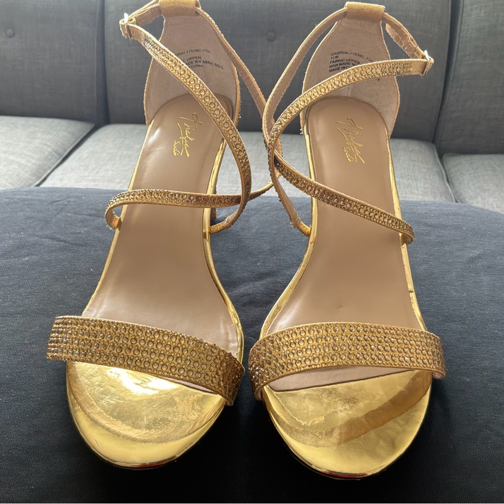 Thalia Sodi Gold Rhinestone Strappy Stiletto Heels Size 11W